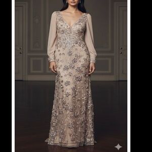 Alex Evenings Champagne Floral Rosette Embroidery Illusion Sleeve Dress‎ Size 6